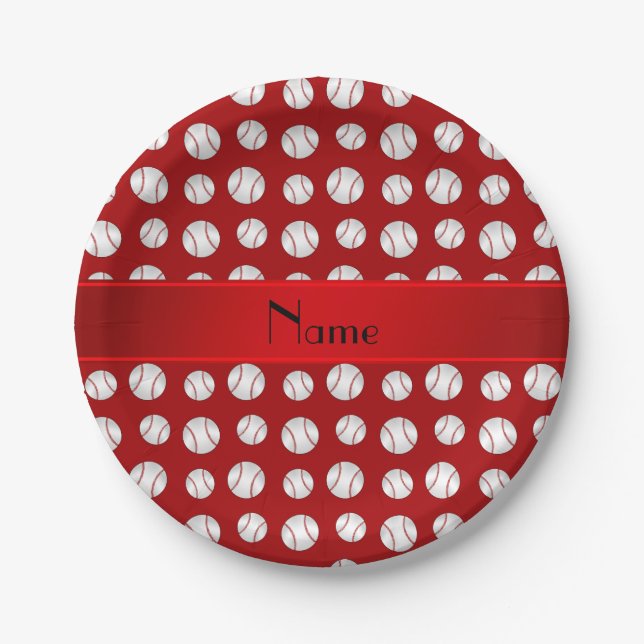 Personalized name red baseballs pattern paper plate (Front)