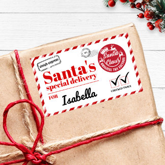 Personalized Name Red Bold Santas Special Delivery Sticker
