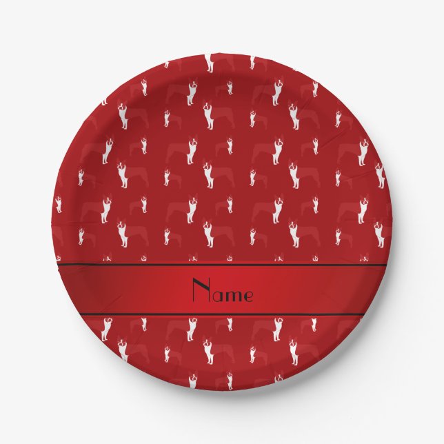 Personalized name red boston terrier paper plate (Front)
