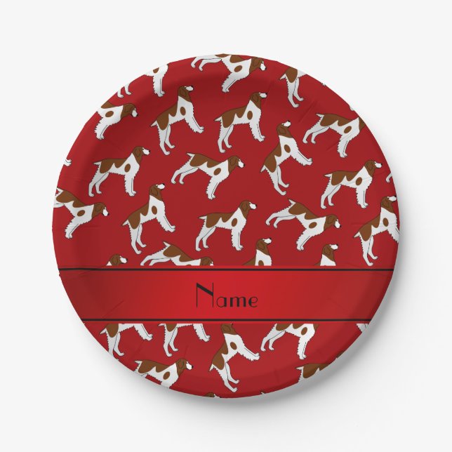 Personalized name red brittany spaniel dogs paper plate (Front)