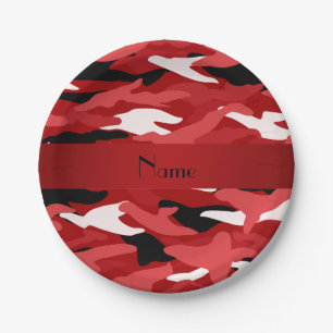 Personalized name red camouflage red stripe paper plate