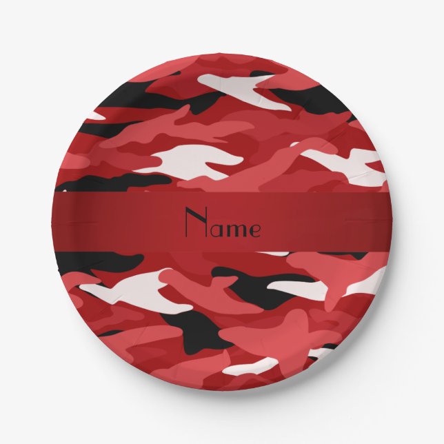 Personalized name red camouflage red stripe paper plate (Front)