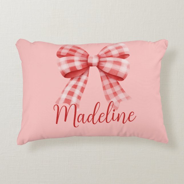 Personalized Name Red Coquette Bow Accent Pillow (Front)