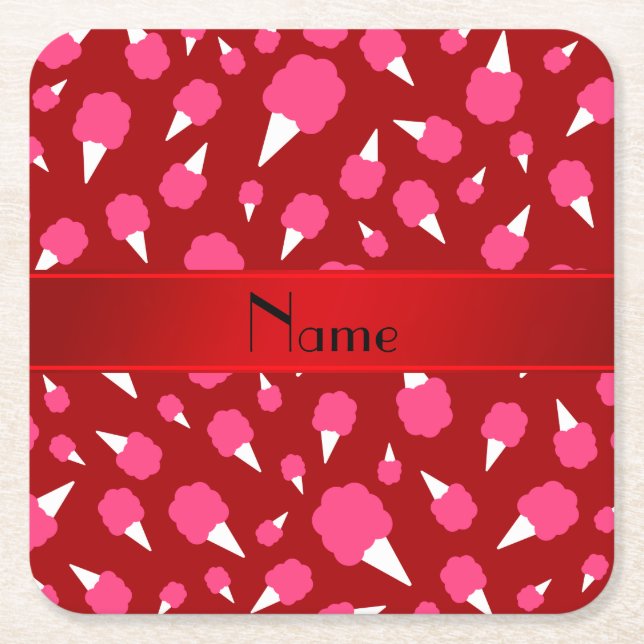 Personalized name red cotton candy square paper coaster (Front)