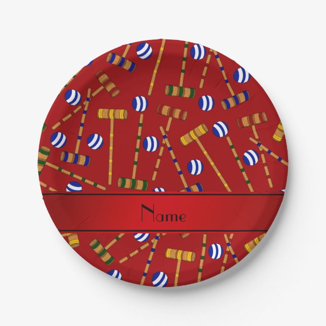 Personalized name red croquet pattern paper plate (Front)