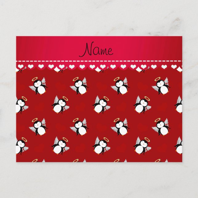 Personalized name red cupid penguins red hearts postcard (Front)