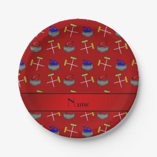 Personalized name red curling pattern paper plate