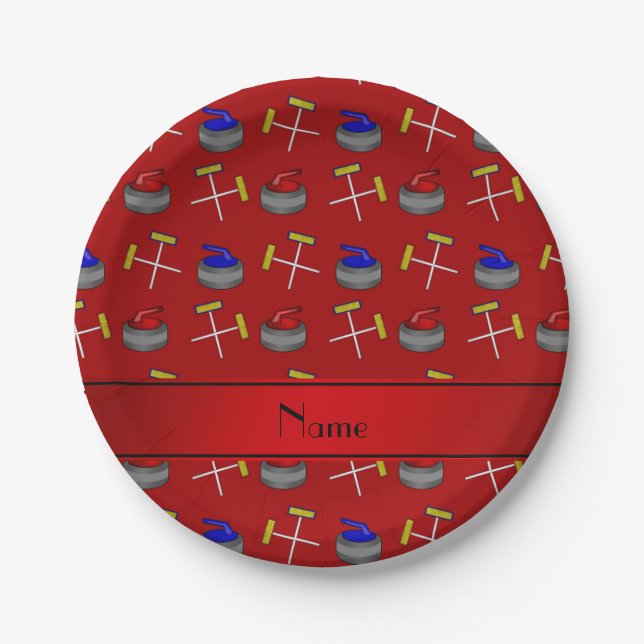 Personalized name red curling pattern paper plate (Front)