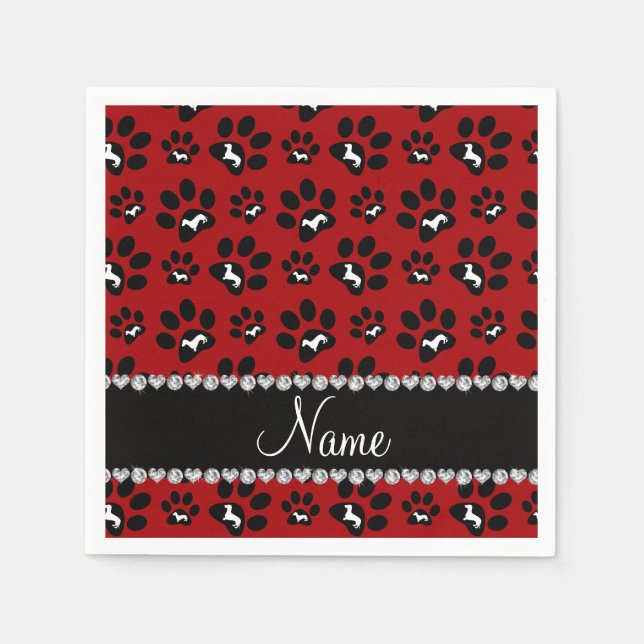 Personalized name red dachshunds dog paws napkin (Front)
