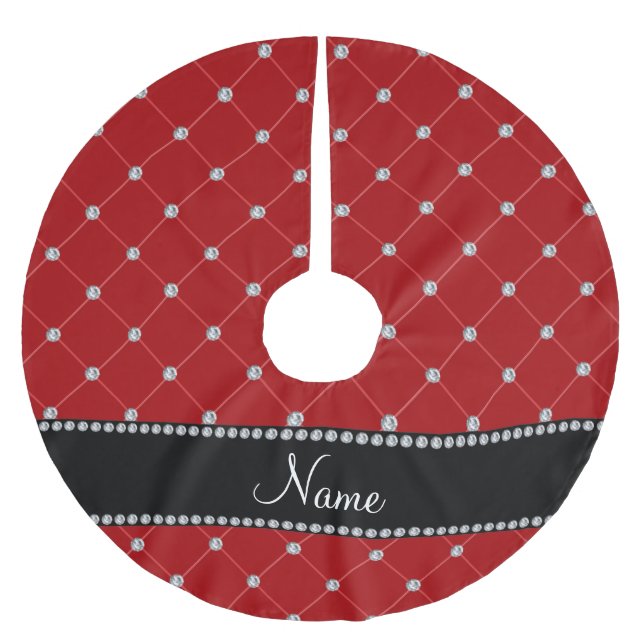 Personalized name red diamonds tuft brushed polyester tree skirt (Front)