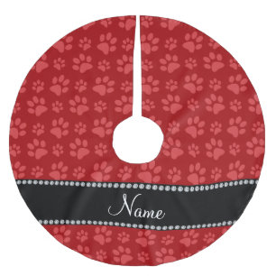 Personalized name red dog paw prints brushed polyester tree skirt