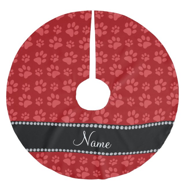 Personalized name red dog paw prints brushed polyester tree skirt (Front)
