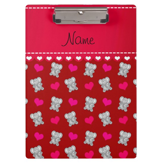 Personalized name red elephants heart pattern clipboard (Front)