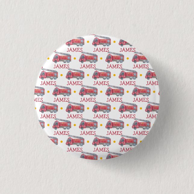 Personalized Name Red Fire truck Party 1 Inch Round Button (Front)