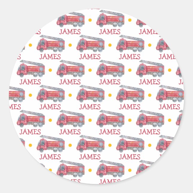 Personalized Name Red Fire truck Party Classic Round Sticker (Front)