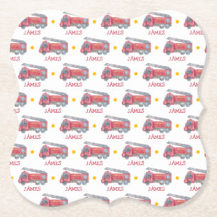 Personalized Name Red Fire truck Party Paper Coaster