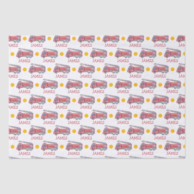 Personalized Name Red Fire truck Party Tissue Paper (Front)