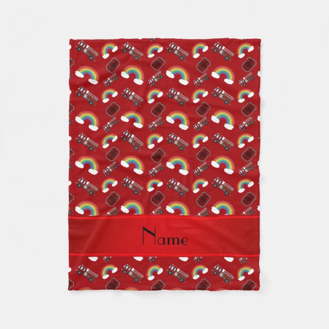 Personalized name red fire trucks rainbows fleece blanket (Front)
