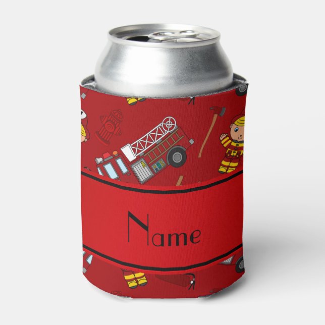 Personalized name red firemen trucks ladders can cooler (Can Front)