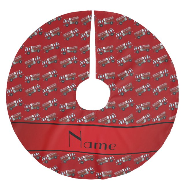 Personalized name red firetrucks brushed polyester tree skirt (Front)