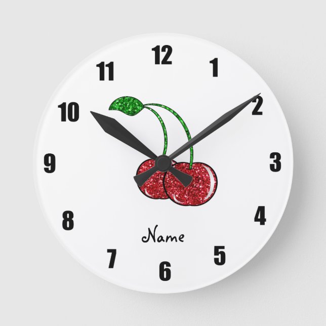 Personalized name red glitter cherry round clock (Front)