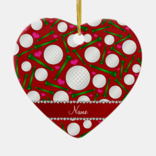 Personalized name red golf balls tees hearts ceramic ornament