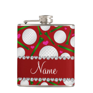 Personalized name red golf balls tees hearts hip flask