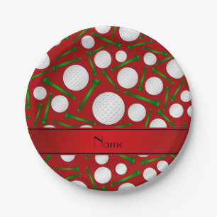 Personalized name red golf balls tees paper plate
