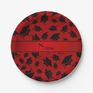 Personalized name red graduation cap paper plate