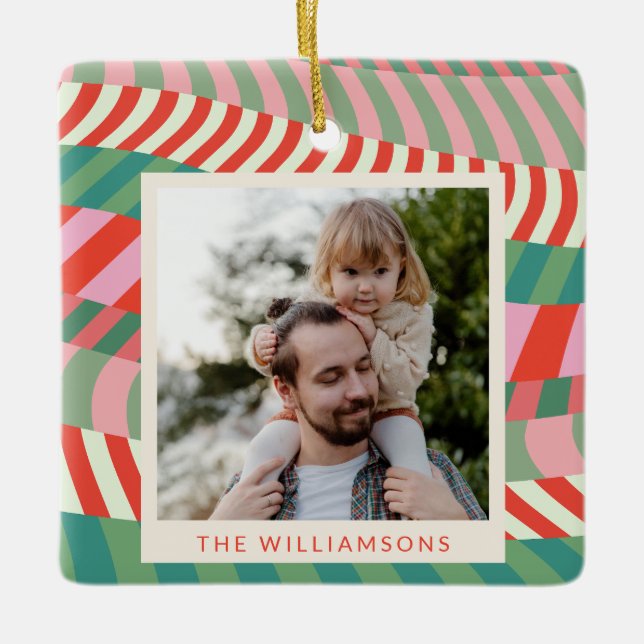 Personalized Name Red Green Pink Geometric Photo  Ceramic Ornament (Front)