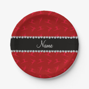 Personalized name red gymnastics pattern paper plate
