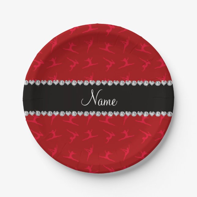 Personalized name red gymnastics pattern paper plate (Front)