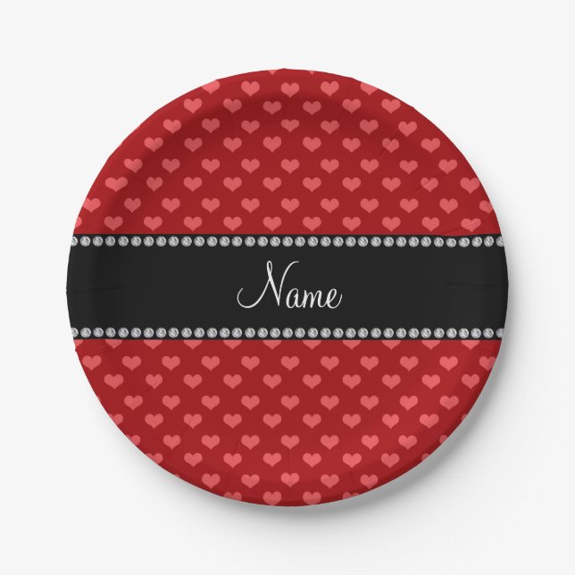 Personalized name red hearts paper plate (Front)