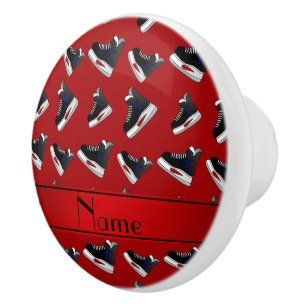 Personalized name red hockey skates ceramic knob
