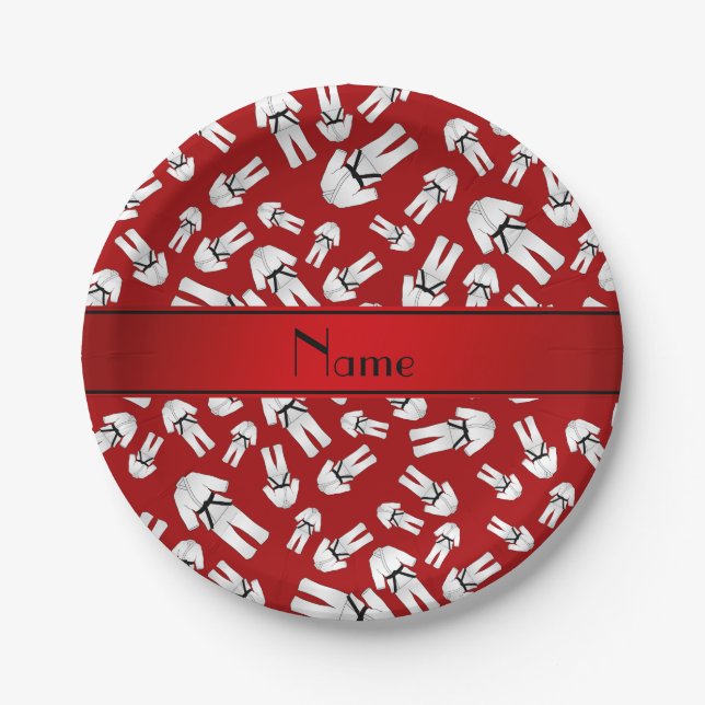 Personalized name red karate pattern paper plate (Front)