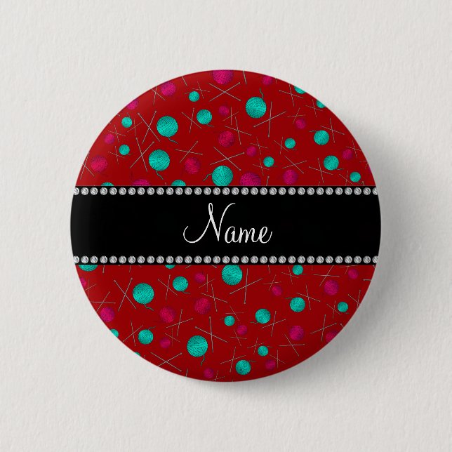 Personalized name red knitting pattern 2 inch round button (Front)