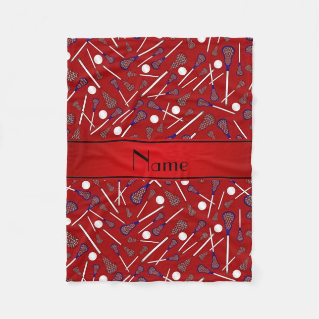 Personalized name red lacrosse pattern fleece blanket (Front)