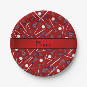 Personalized name red lacrosse pattern paper plate
