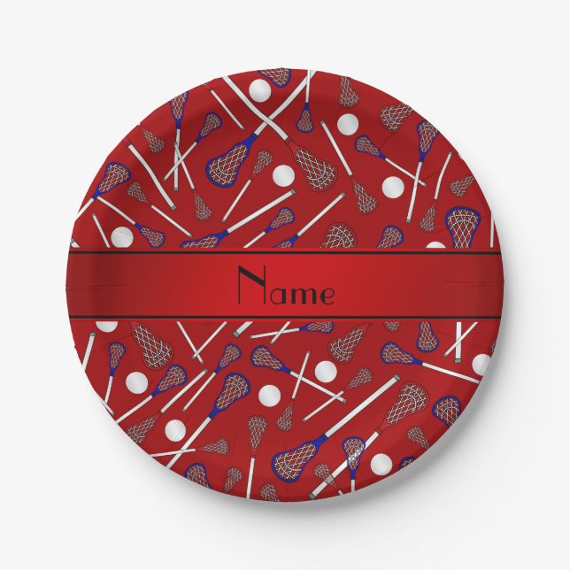 Personalized name red lacrosse pattern paper plate (Front)
