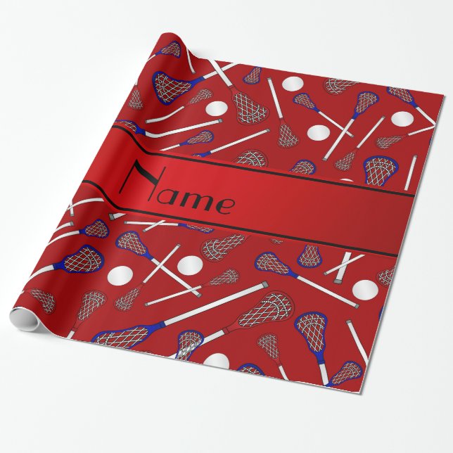 Personalized name red lacrosse pattern wrapping paper (Unrolled)
