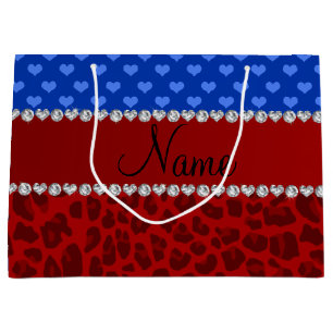 Personalized name red leopard blue hearts large gift bag