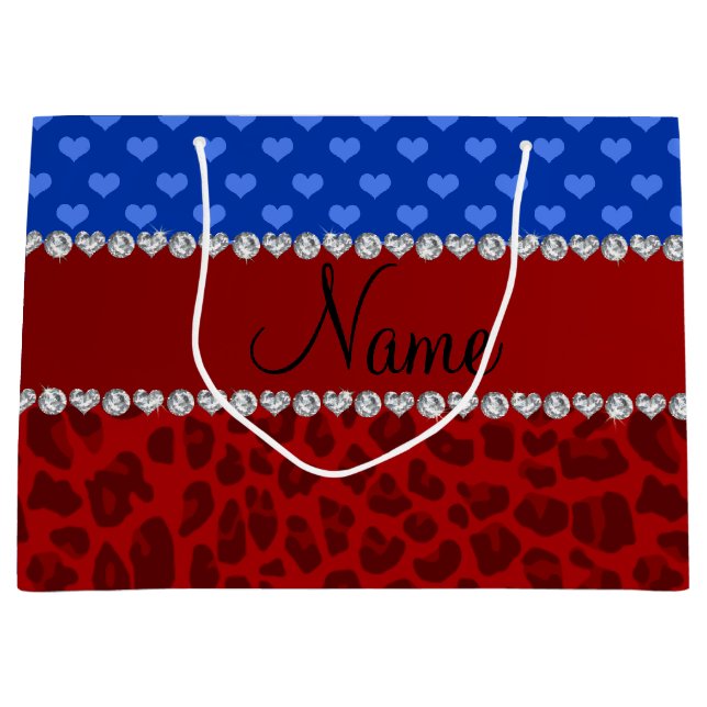 Personalized name red leopard blue hearts large gift bag (Front)