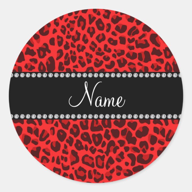 Personalized name red leopard pattern classic round sticker (Front)