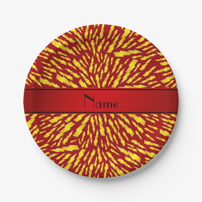 Personalized name red lightning bolts paper plate (Front)