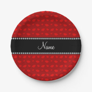 Personalized name red lips and hearts pattern paper plate