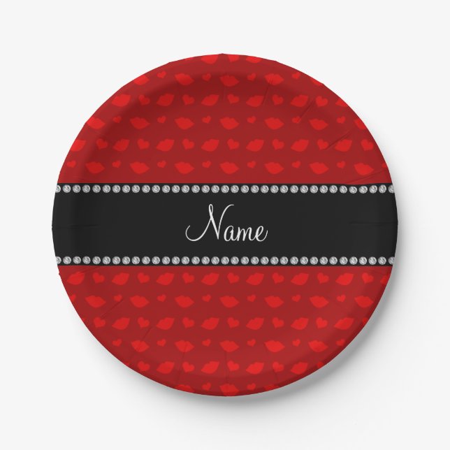 Personalized name red lips and hearts pattern paper plate (Front)