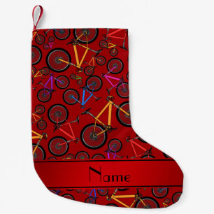 Personalized name red mountain bikes small christmas stocking