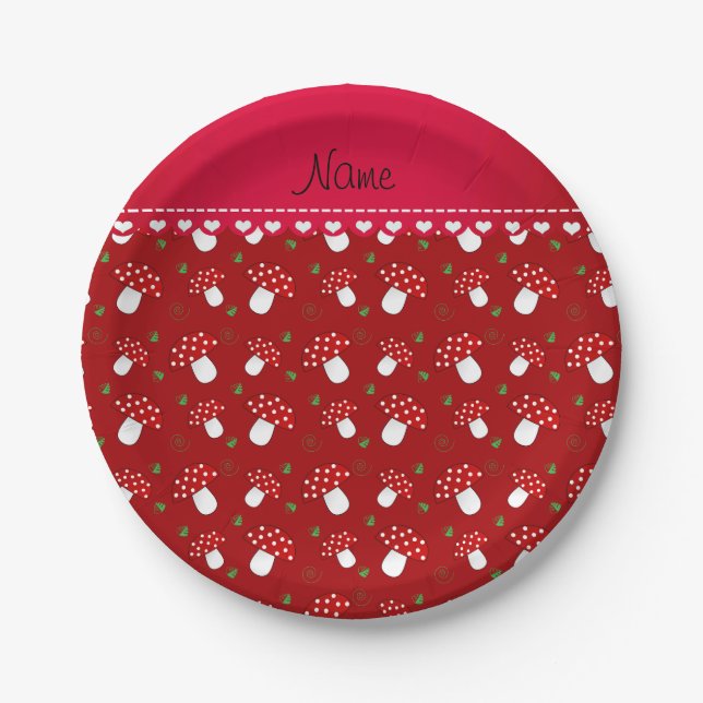 Personalized name red mushrooms paper plate (Front)