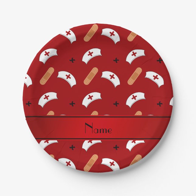 Personalized name red nurse pattern paper plate (Front)