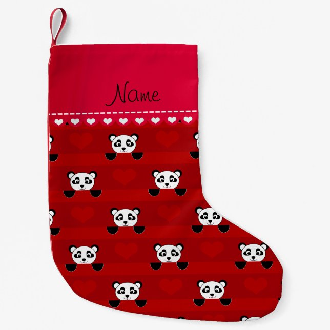 Personalized name red panda red heart stripes small christmas stocking (Front)